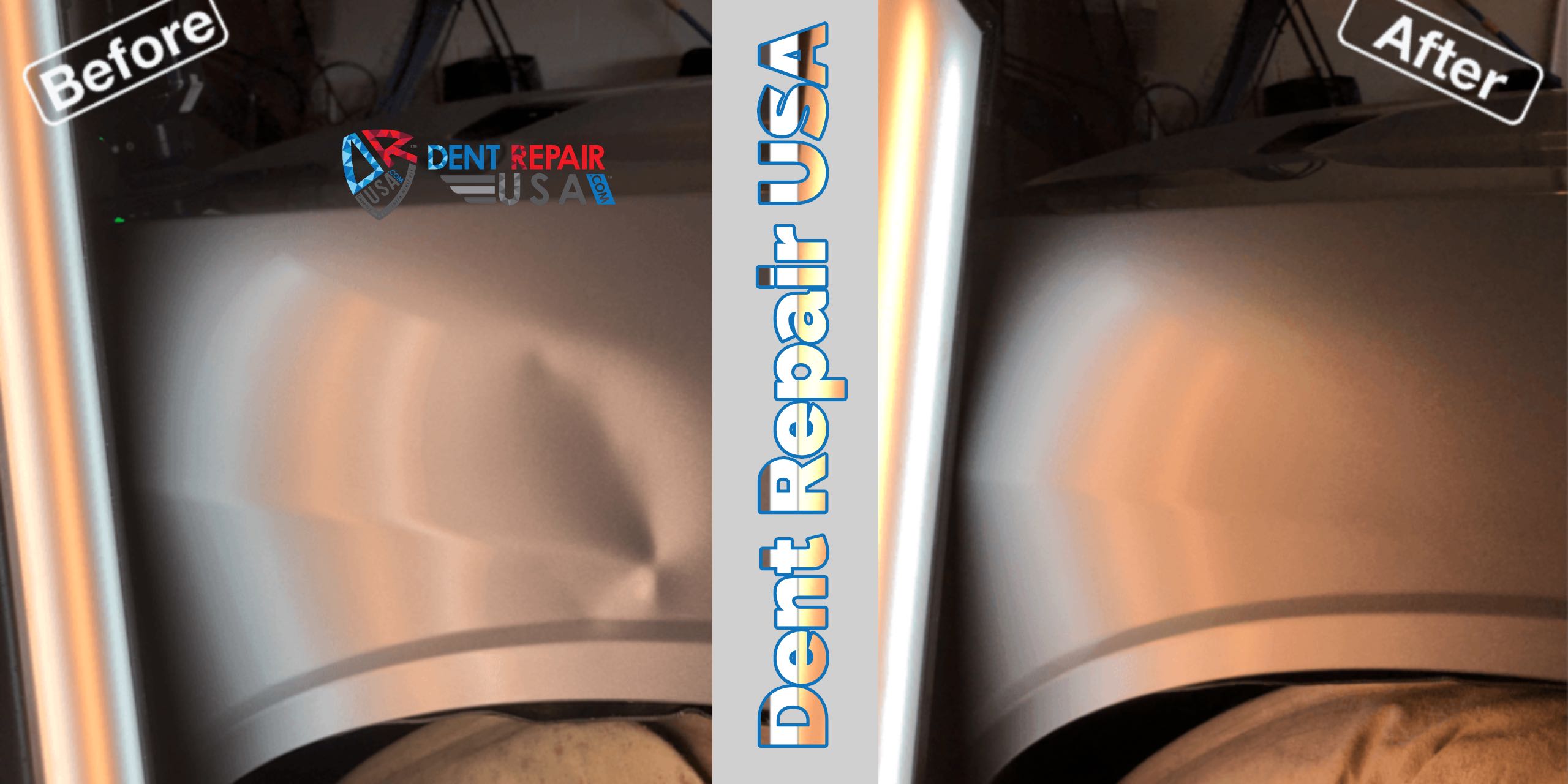 Large Fender Dent on New Car Showing Before and After says Lakeland Florida