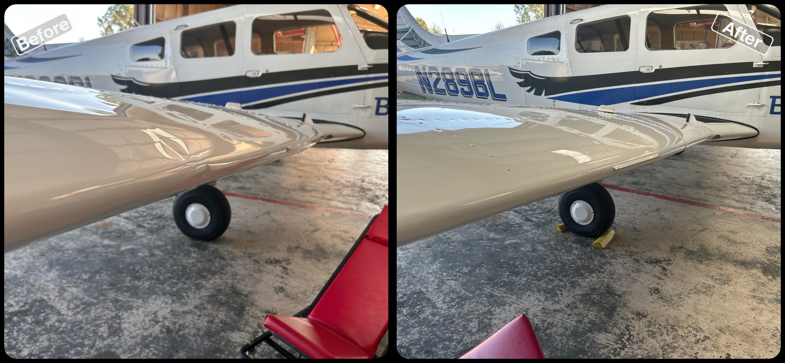 Before and after paintless dent repair on a dent on an aircraft wing leading edge by Dent Repair USA in Lakeland, Florida. Dent removed with no filler and no repaint by Vale Certified Master Craftsman Paul Whitehorn.