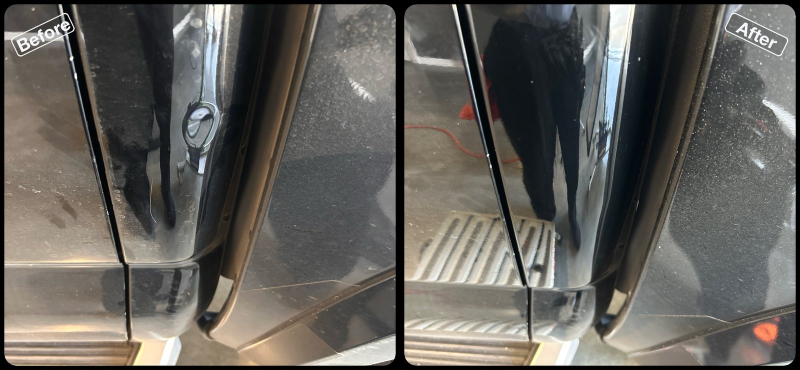 Before and after paintless dent repair on a dent on a black truck lower door by Dent Repair USA in Lakeland, Florida. Dent removed with no filler and no repaint by Vale Certified Master Craftsman Paul Whitehorn.