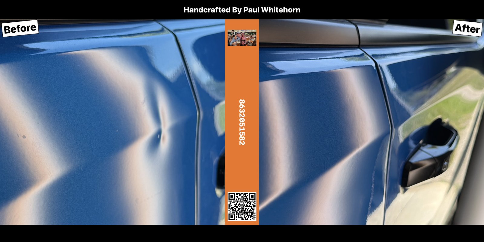 Before and after paintless dent repair on a large crease on a blue truck door by Dent Repair USA in Lakeland, Florida. Dent removed with no filler and no repaint by Vale Certified Master Craftsman Paul Whitehorn.