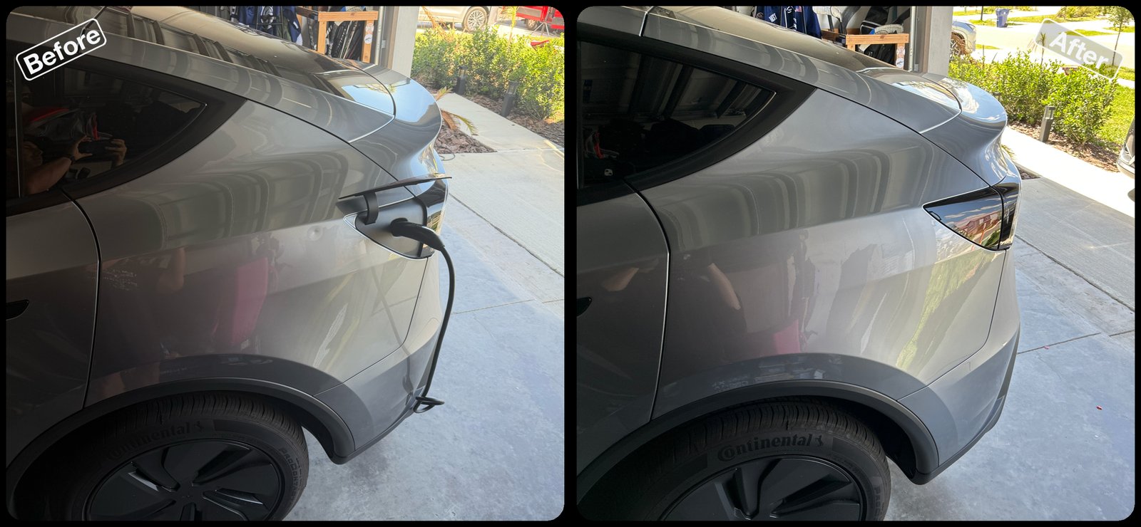 Before and after paintless dent repair on a gray car rear quarter panel by Dent Repair USA in Lakeland, Florida. Dent removed with no filler and no repaint by Vale Certified Master Craftsman Paul Whitehorn.