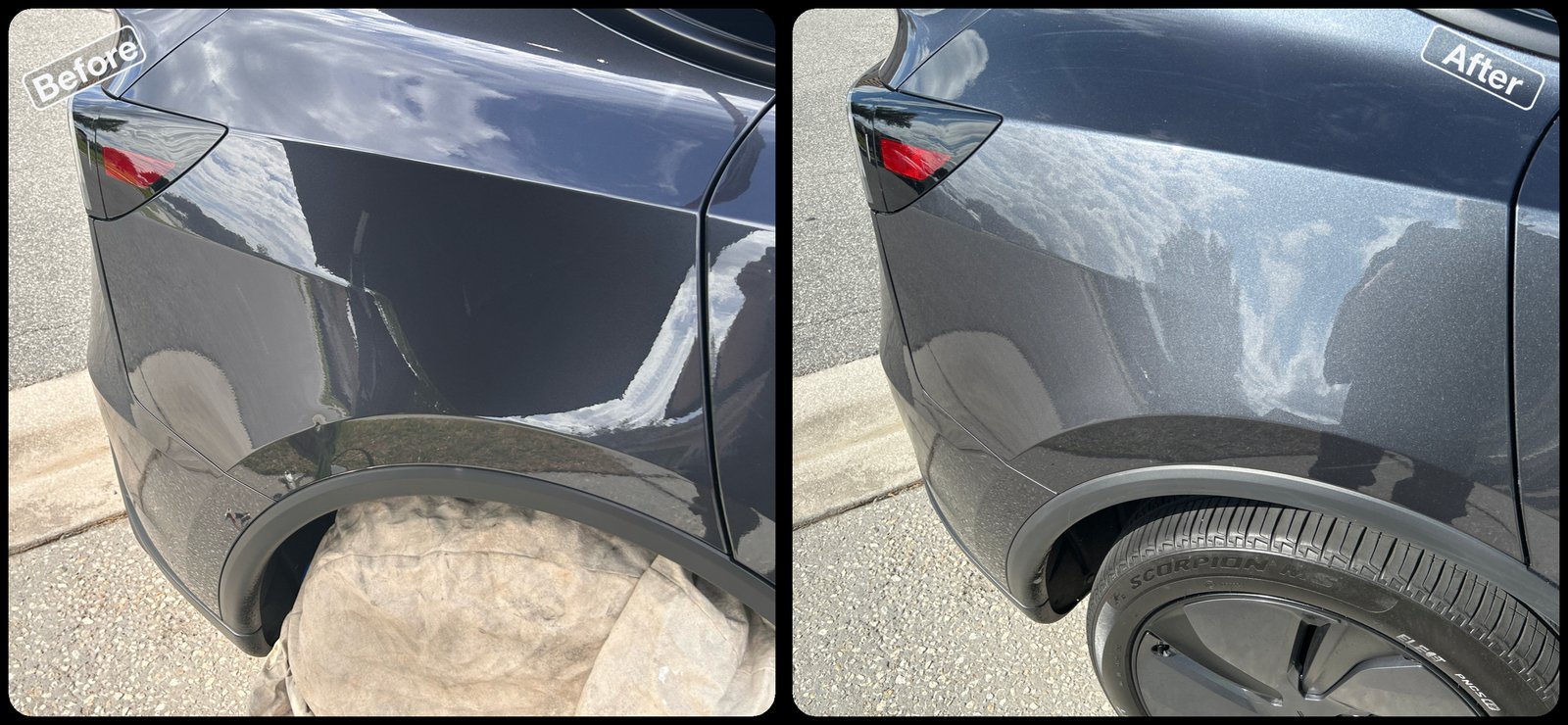 Before and after paintless dent repair on a large dent on a gray truck bedside by Dent Repair USA in Lakeland, Florida. Dent removed with no filler and no repaint by Vale Certified Master Craftsman Paul Whitehorn.