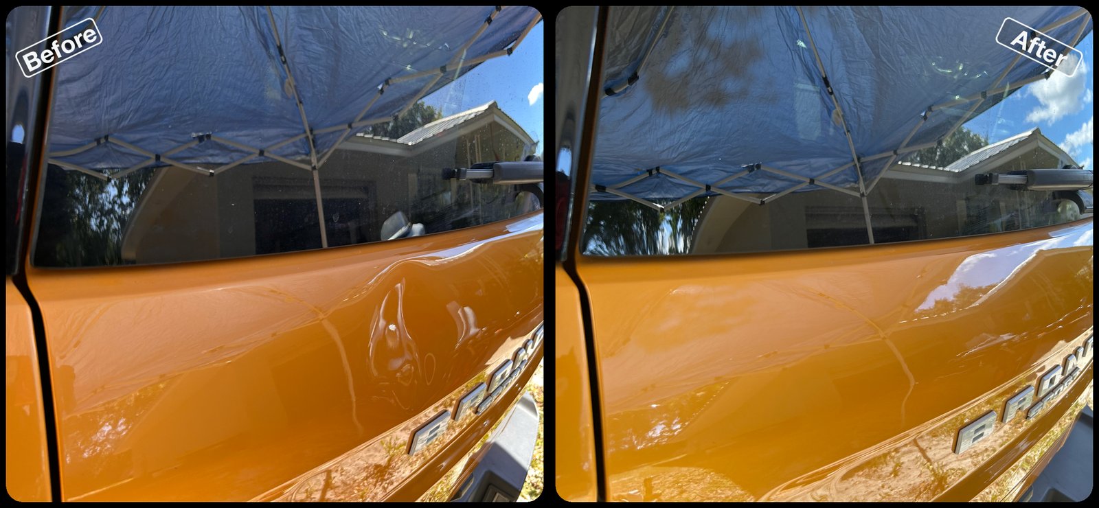 Before and after paintless dent repair on dents on an orange Ford truck door by Dent Repair USA in Lakeland, Florida. Dent removed with no filler and no repaint by Vale Certified Master Craftsman Paul Whitehorn.