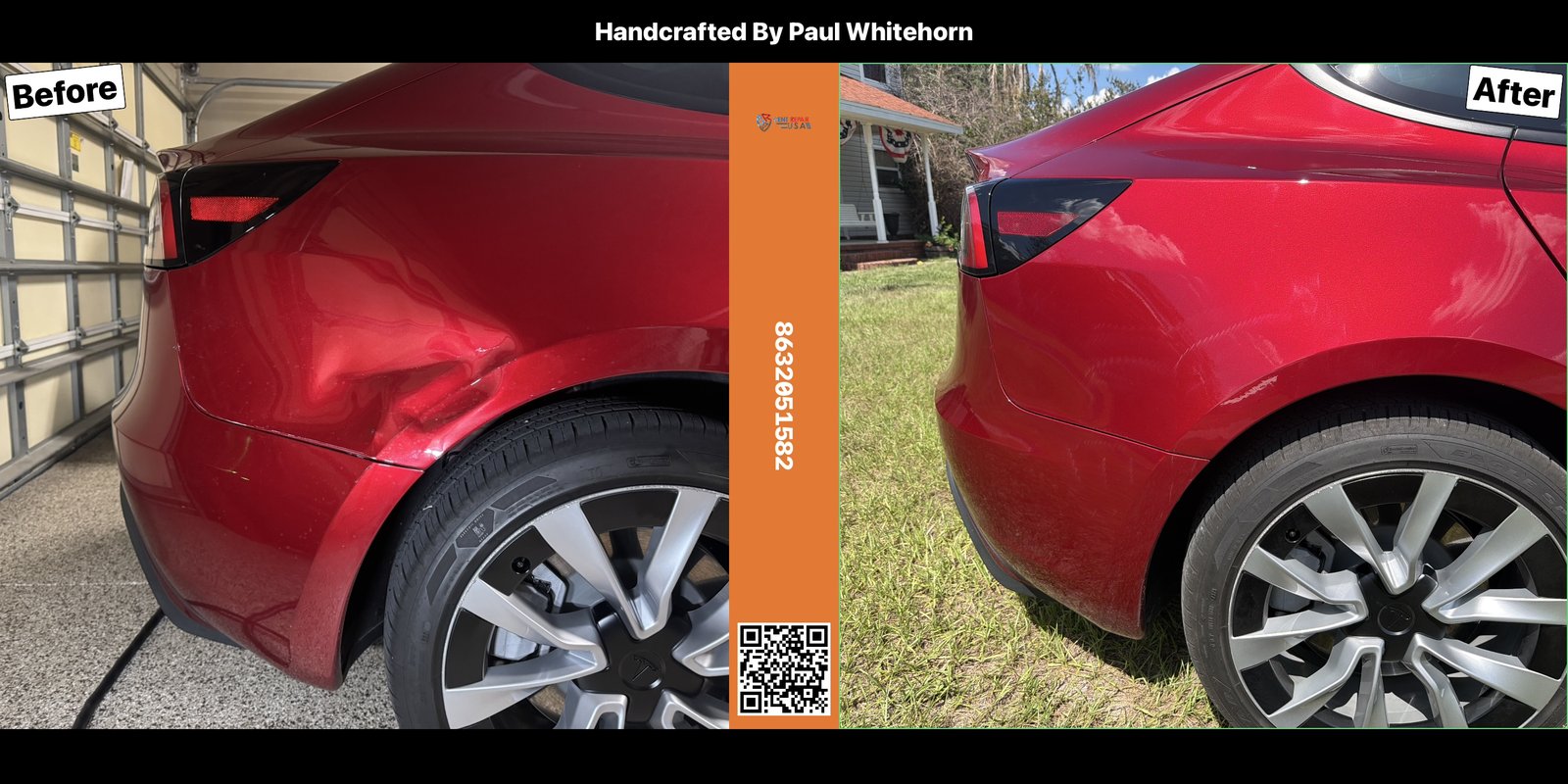 Before and after paintless dent repair on a red car rear quarter panel by Dent Repair USA in Lakeland, Florida. Dent removed with no filler and no repaint by Vale Certified Master Craftsman Paul Whitehorn.