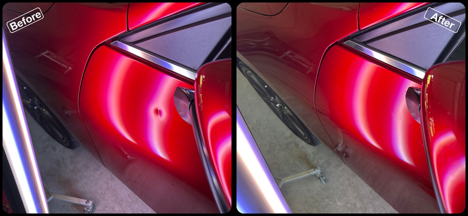 Before and after paintless dent repair on a crease on a red car rear quarter panel by Dent Repair USA in Lakeland, Florida. Dent removed with no filler and no repaint by Vale Certified Master Craftsman Paul Whitehorn.
