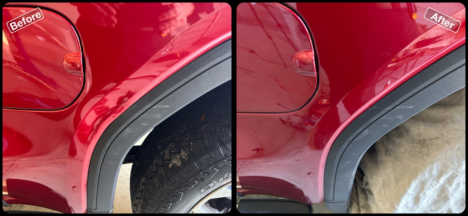 Before and after paintless dent repair on a dent on a red truck bedside by Dent Repair USA in Lakeland, Florida. Dent removed with no filler and no repaint by Vale Certified Master Craftsman Paul Whitehorn.