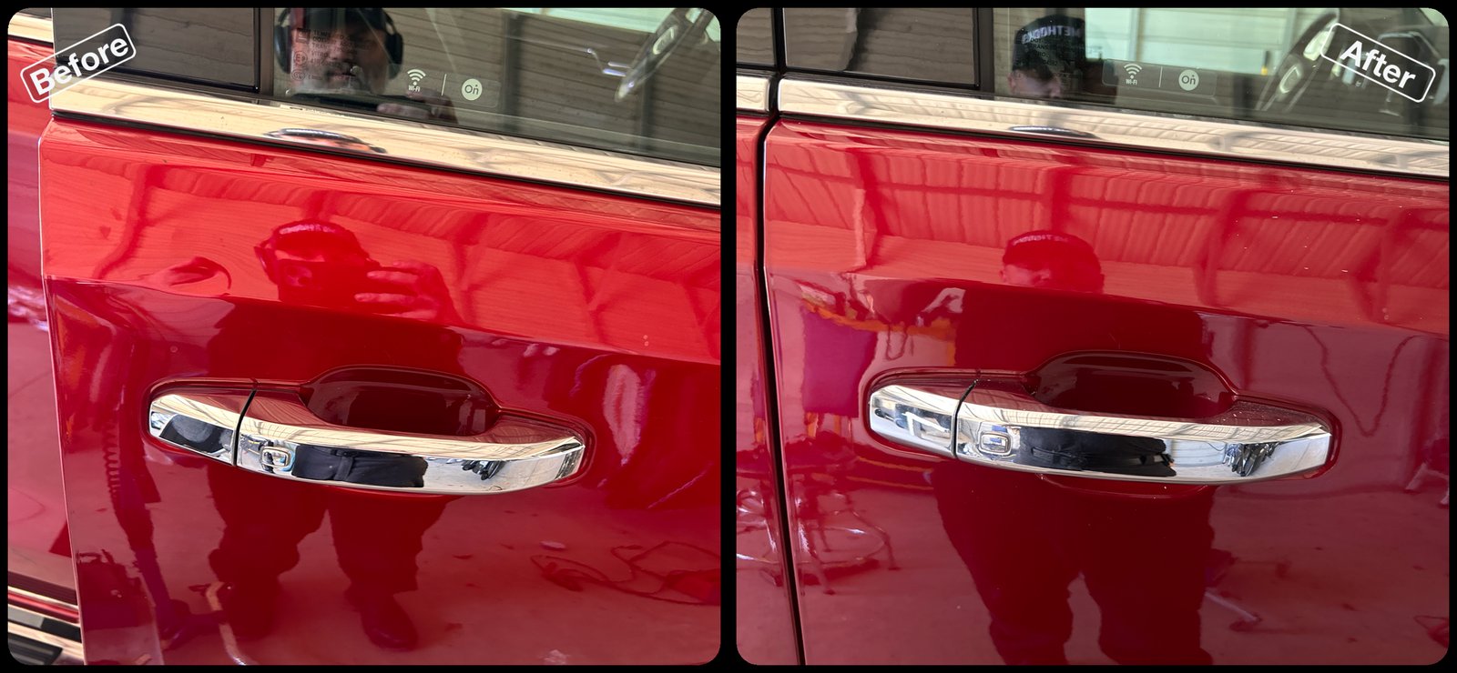 Before and after paintless dent repair on a dent on a red truck door by Dent Repair USA in Lakeland, Florida. Dent removed with no filler and no repaint by Vale Certified Master Craftsman Paul Whitehorn.