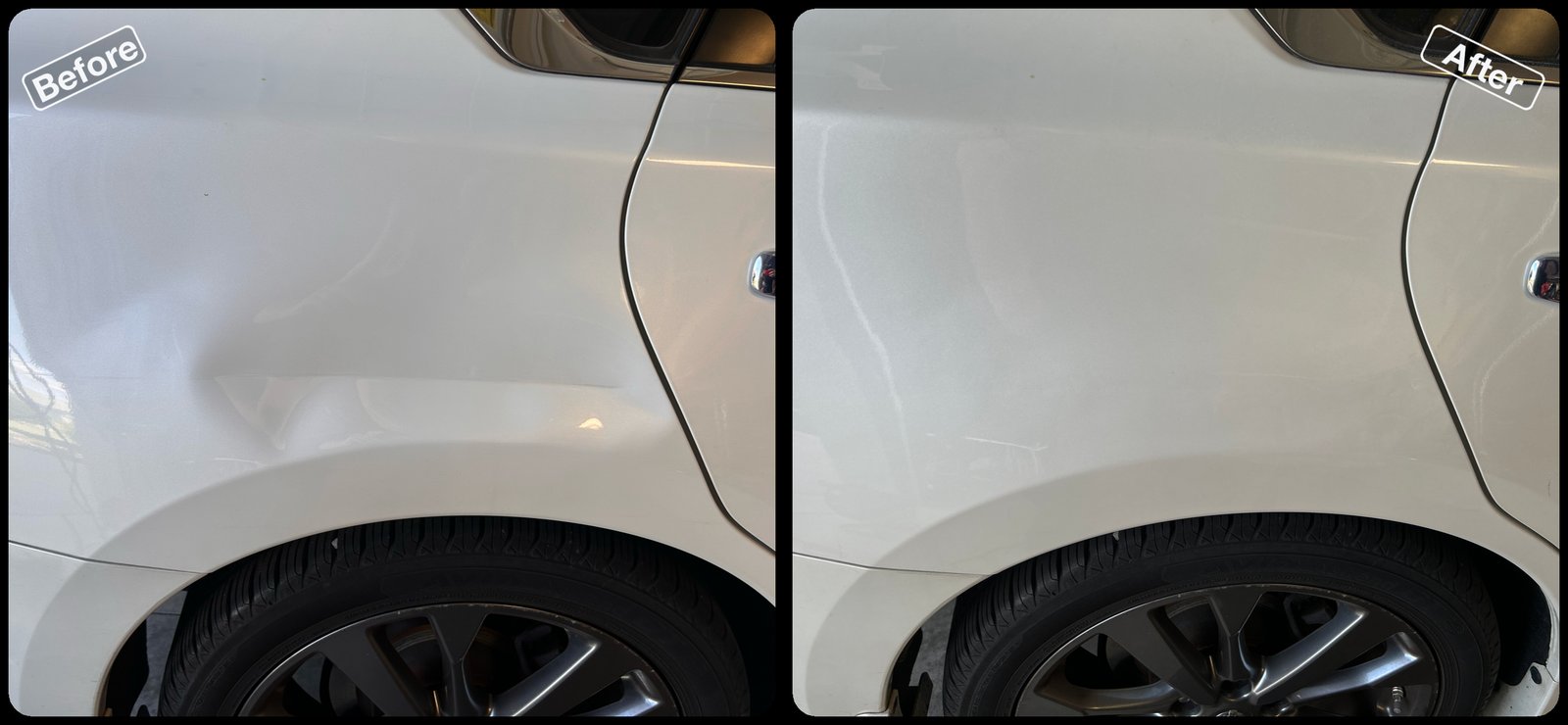 Before and after paintless dent repair on a silver car rear quarter panel by Dent Repair USA in Lakeland, Florida. Dent removed with no filler and no repaint by Vale Certified Master Craftsman Paul Whitehorn.