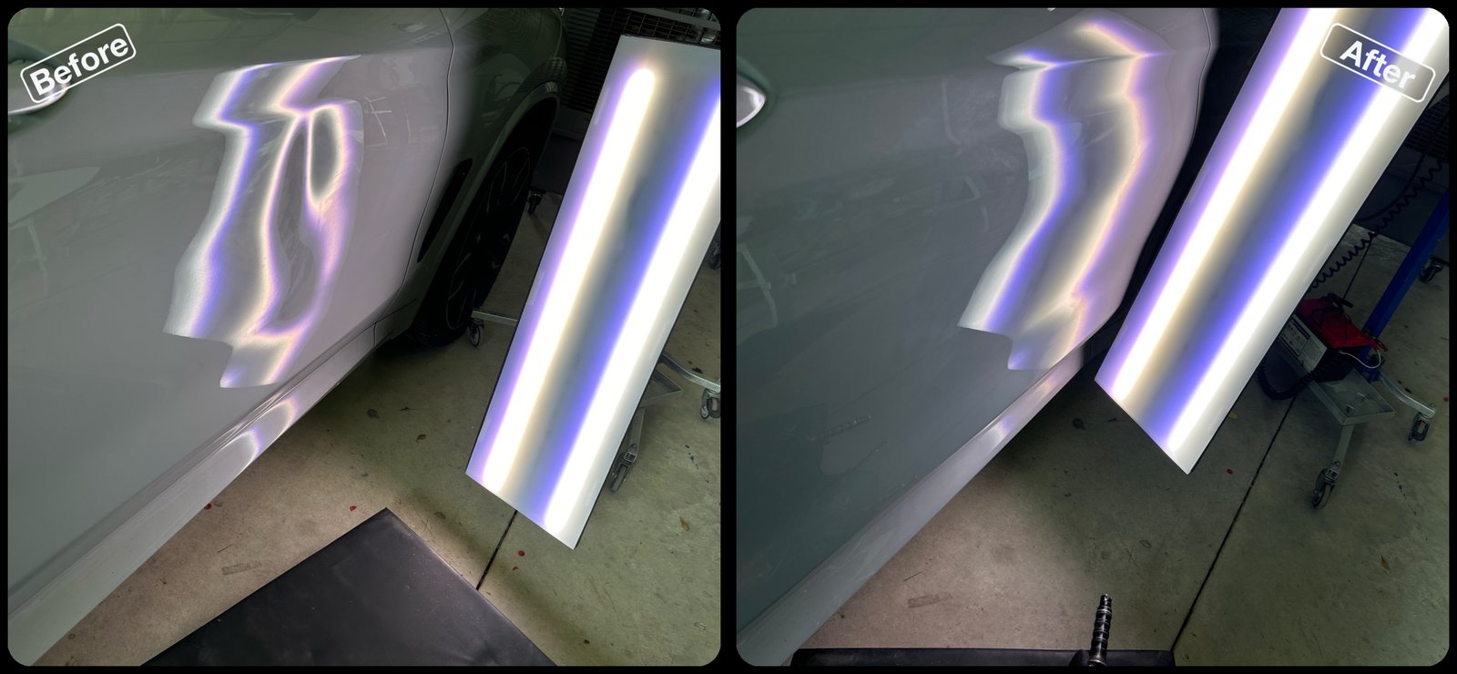Before and after paintless dent repair on a dent on a silver door panel by Dent Repair USA in Lakeland, Florida. Dent removed with no filler and no repaint by Vale Certified Master Craftsman Paul Whitehorn.