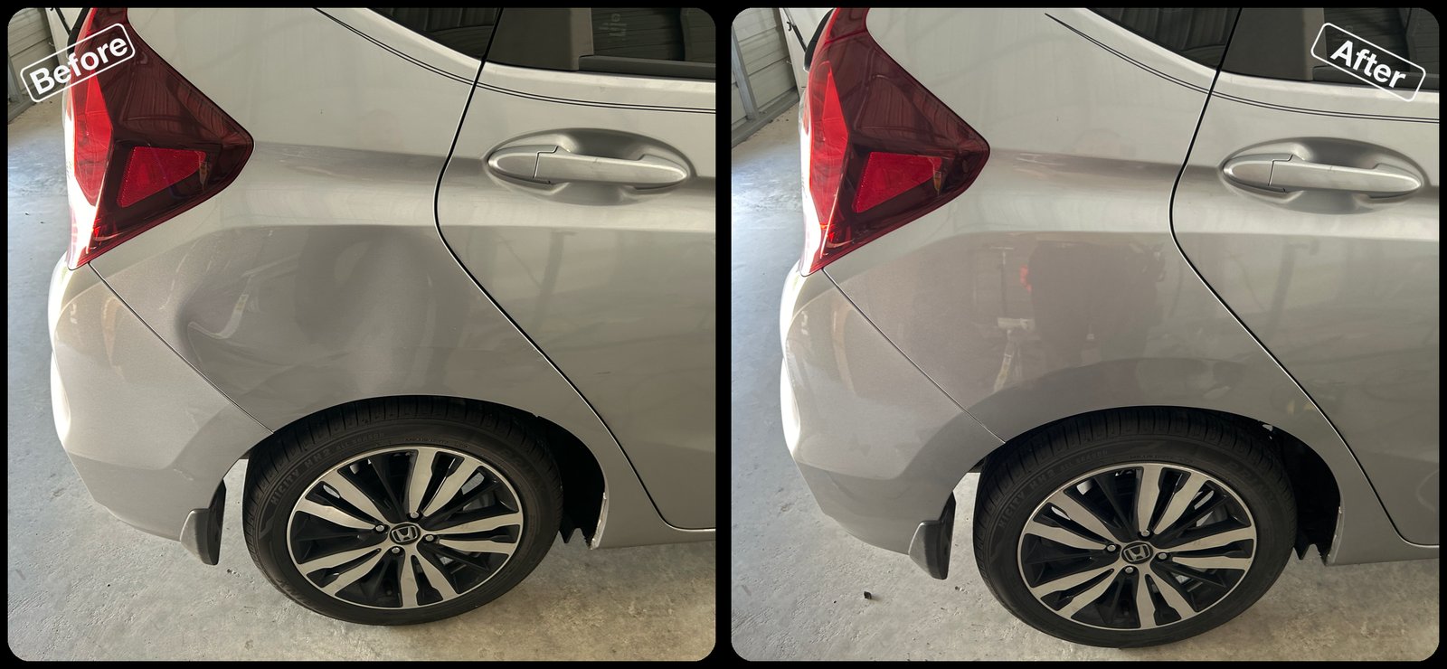 Before and after paintless dent repair on a silver hatchback rear quarter panel by Dent Repair USA in Lakeland, Florida. Dent removed with no filler and no repaint by Vale Certified Master Craftsman Paul Whitehorn.