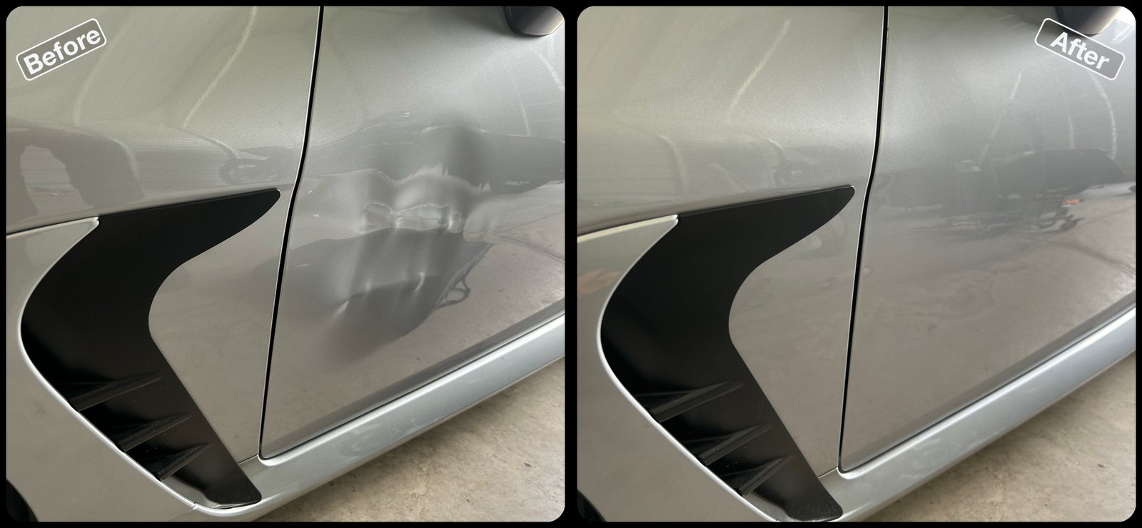 Before and after paintless dent repair on a silver sports car side panel by Dent Repair USA in Lakeland, Florida. Dent removed with no filler and no repaint by Vale Certified Master Craftsman Paul Whitehorn.