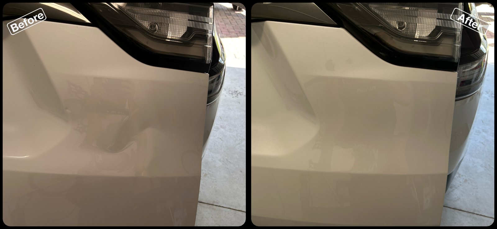 Before and after paintless dent repair on a dent on a tan door panel by Dent Repair USA in Lakeland, Florida. Dent removed with no filler and no repaint by Vale Certified Master Craftsman Paul Whitehorn.