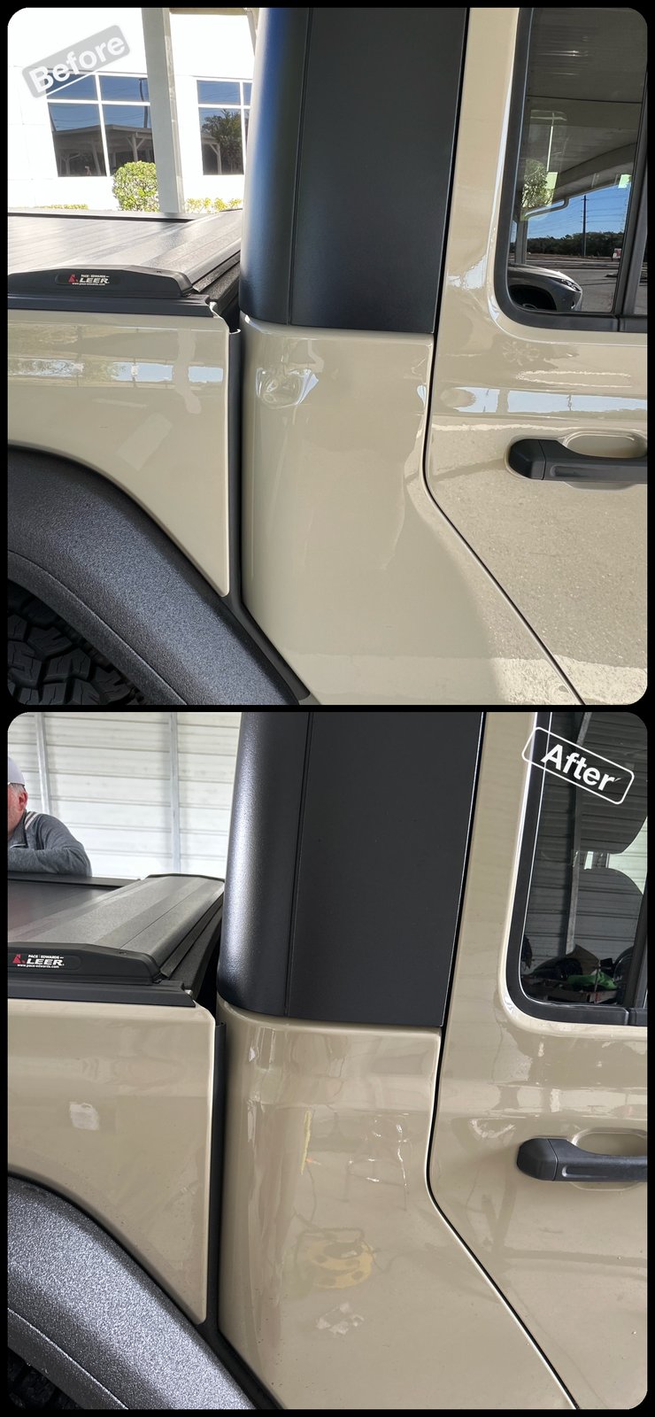 Before and after paintless dent repair on a dent on a tan truck door by Dent Repair USA in Lakeland, Florida. Dent removed with no filler and no repaint by Vale Certified Master Craftsman Paul Whitehorn.