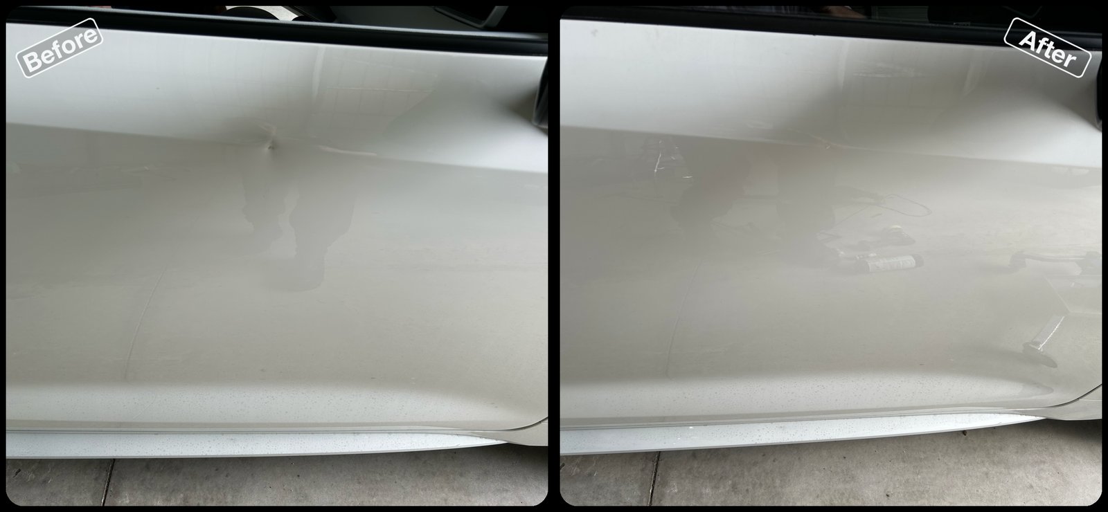 Before and after paintless dent repair on a dent on a white car lower door by Dent Repair USA in Lakeland, Florida. Dent removed with no filler and no repaint by Vale Certified Master Craftsman Paul Whitehorn.
