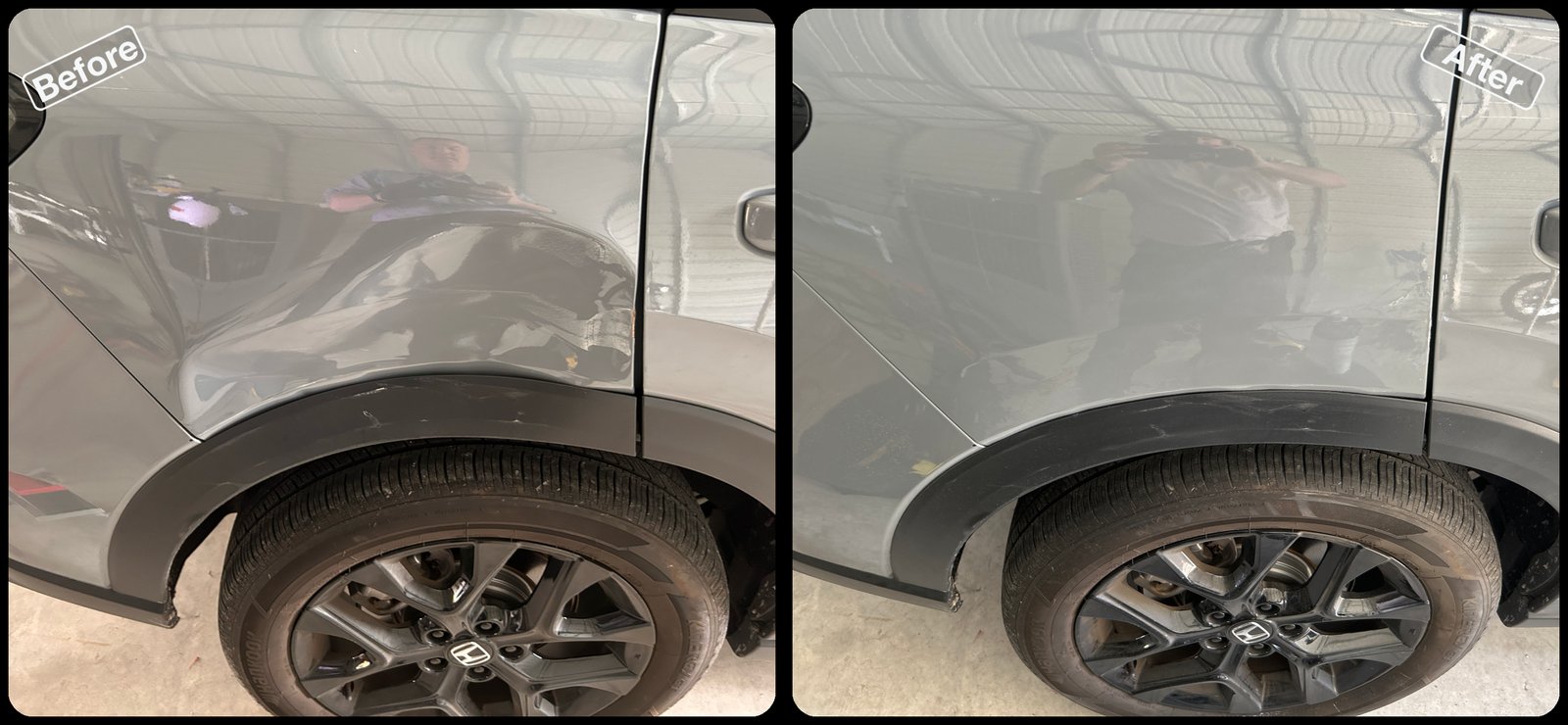 Before and after paintless dent repair on a dent on a white SUV front fender by Dent Repair USA in Lakeland, Florida. Dent removed with no filler and no repaint by Vale Certified Master Craftsman Paul Whitehorn.