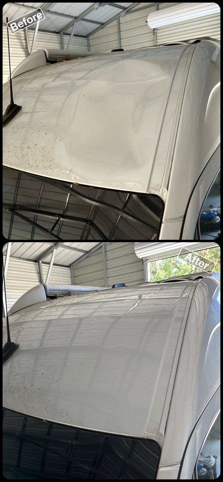 Before and after paintless dent repair on a white vehicle front panel by Dent Repair USA in Lakeland, Florida. Dent removed with no filler and no repaint by Vale Certified Master Craftsman Paul Whitehorn.